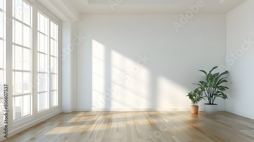 Plant against a white wall mockup. White wall mockup with brown curtain, plant and wood floor. 