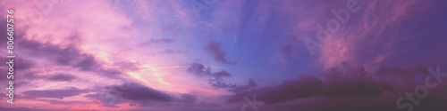 Horizontal panorama of colorful cloudy sky at sunset. Sky texture, abstract nature background © vvvita