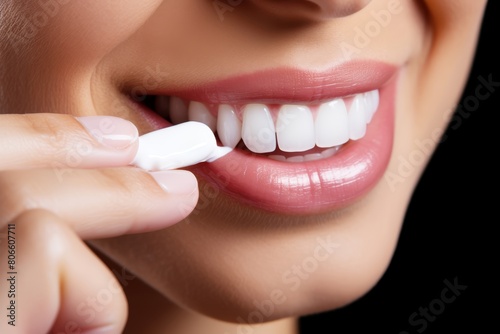 A woman gently brushing their teeth with whitening toothpaste  promoting dental hygiene