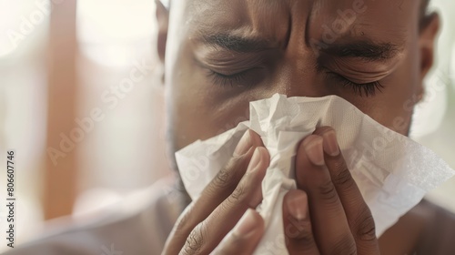 A close-up shot of a person holding a tissue to their nose, sneezing or blowing their nose to alleviate flu symptoms.  photo