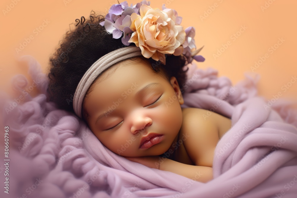 Baby girl with caramel skin rests comfortably on a pastel lavender surface, her tiny fingers delicately intertwined Baby girl with caramel skin rests comfortably on a pastel lavender surface, her tiny fingers delicately intertwined