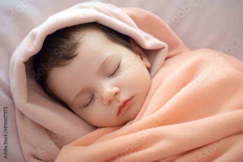 Baby boy with almond-shaped eyes dozes off peacefully on a pastel peach-colored mattress, snuggled up in a cozy blanket