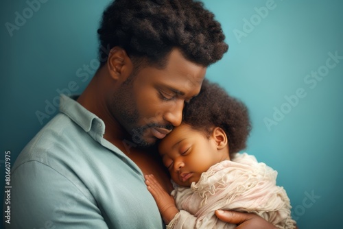 Baby girl with cocoa-colored skin sleeps soundly on a pastel sky-blue backdrop, cradled gently in her father's arms. photo