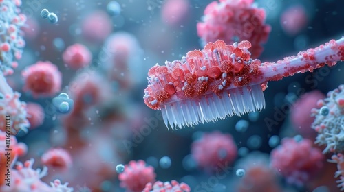 Close-up image of pink bacteria colonies growing on a toothbrush, symbolizing dental hygiene concerns. Highlights vibrant structures and health risks associated with microorganisms photo