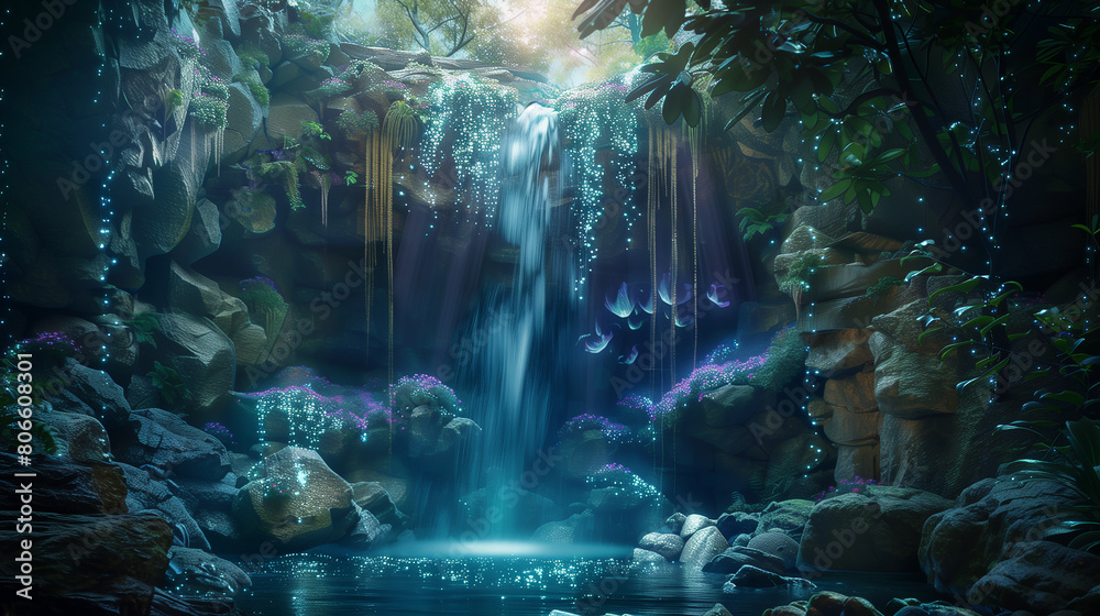 A beautiful, serene forest scene with a waterfall and a pond. The water is illuminated by the stars, creating a magical and peaceful atmosphere