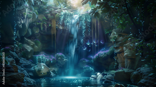 A beautiful, serene forest scene with a waterfall and a pond. The water is illuminated by the stars, creating a magical and peaceful atmosphere