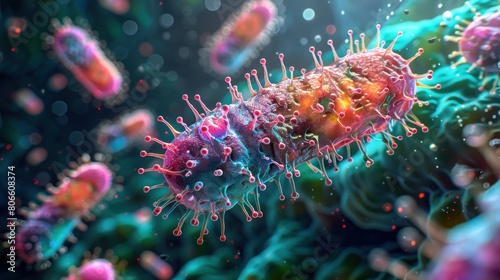 Detailed microscopic view of colorful bacteria, showcasing the diverse structures and vibrant textures of microorganisms in a scientific context