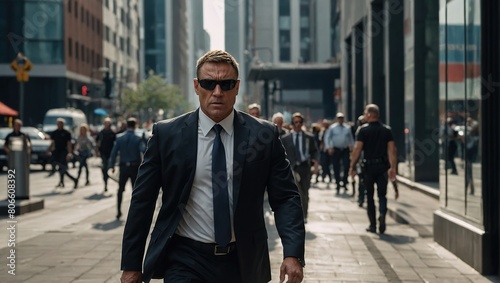 Bodyguard, security and city with vip people walking on street for government or political campaign, Face, protection and safety with man working to defend the president on sidewalk of urban town