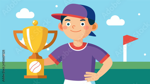 A young player posing for a photo with his family trophy in hand after being named the Most Valuable Player of the youth baseball championship.. Vector illustration