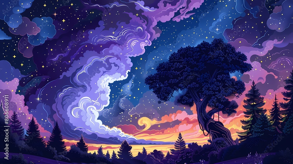 Fototapeta premium Fantasy sea of clouds abstract illustration poster background