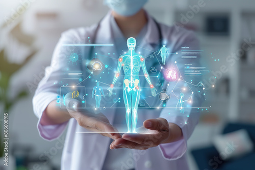 A doctor carefully examines a virtual x-ray projection with focused attention. The integration of advanced technology in medical diagnostics. Generative AI.