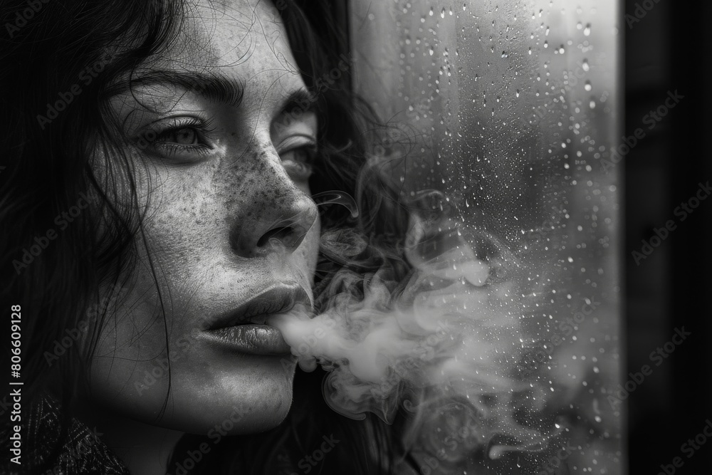 face of a woman against a train window blowing out smoke - black and white photo face of a woman against a train window blowing out smoke - black and white photo