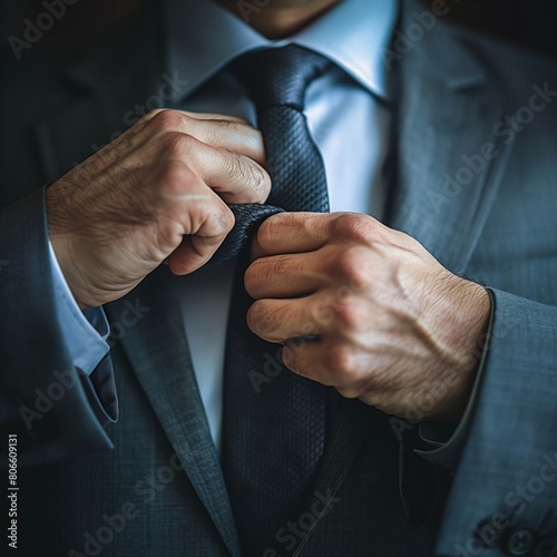 Detailed close-up of a Caucasian businessman’s hands adjusting a dark necktie, dressed in a grey suit
