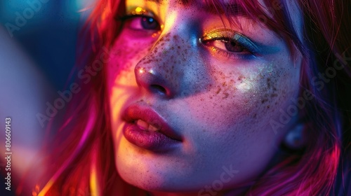 Young woman with multicolored hair and freckles under neon light