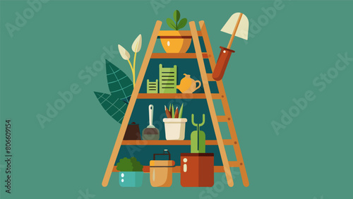 An old wooden ladder has been transformed into a creative display for a variety of vintage gardening tools from rakes to pruning shears.. Vector illustration