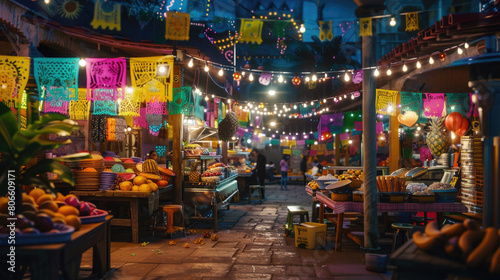 Colorful Mexican Street Food Market At Night. Festive Cinco de Mayo Decorations. Assortment Of Traditional Food