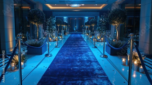 Spotlight Serenity and Velvet Ropes. Concept Luxury Event Decor  Elegant Arrangements  Festive Lighting. copy space for text.