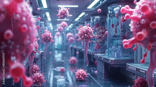 A room full of pink viruses floating in the air