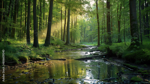 A painting of a forest with a stream running through it. The mood of the painting is peaceful and serene