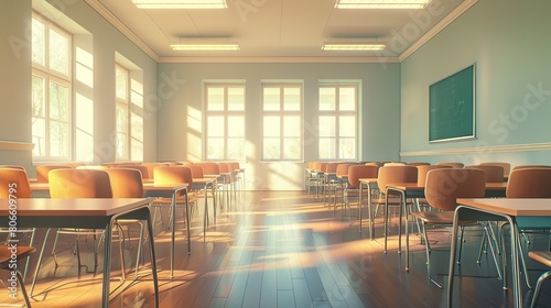 Bright modern classroom with empty chairs and desks. copy space for text.