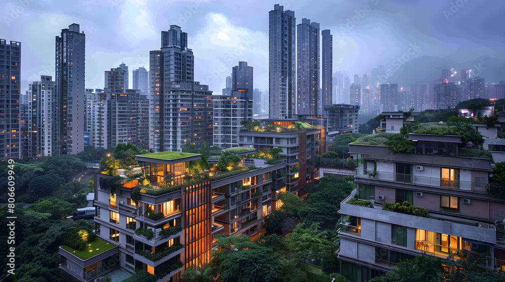 Fototapeta premium A cityscape with towering skyscrapers and lush greenery, viewed from above. The mix of buildings and natural landscape creates a unique urban environment