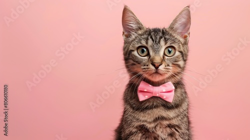 Cat with pink bow tie on pink background. copy space for text.