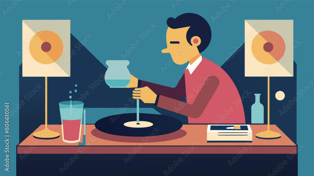 The clinking of glasses and chatter died down as a solo performance took the stage with the sound of the needle gently gliding over the vinyl adding Vector illustration