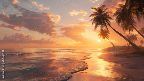 A beautiful beach with a sunset in the background. The water is calm and the palm trees are swaying in the breeze. The scene is peaceful and relaxing, perfect for a day at the beach