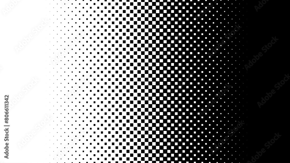 Square Pixel Halftone. Black and white linear gradient. Vector Backdrop. Dithering effect. Pixel gradient abstract mosaic background for modern design. 1 8 16 bit background.