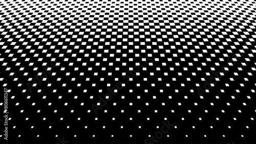 Black White Halftone Pattern in Perspective. Abstract Geometric Dots Texture. Hipster Fashion Design Print. Halftone Effect Background. Black and White Vector Illustration.