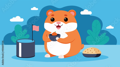 A happy hamster enjoying a meal while a smart speaker reminds its owner to feed it at the same time every day.. Vector illustration