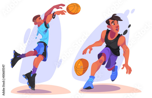 Basketball player in uniform dribbling and throwing ball while jumping. Cartoon vector illustration set of young man players during training or competition game. Playing professional sports team.