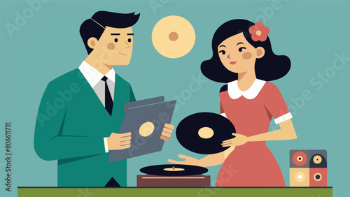 The couple examining a collection of old vinyl records bickering lovingly about which one was their wedding song.. Vector illustration