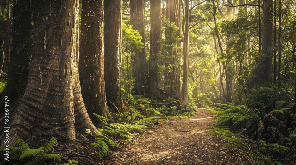 Fototapeta premium a secluded path winding through towering trees, inviting exploration and connection with nature's wonders, mystique of a hidden forest sanctuary
