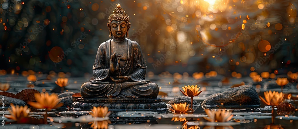 Buddha statue with lotus flower in the pond. The concept of celebrating Vesak