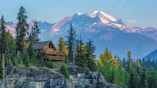 a cozy cabin nestled among towering pines, promising adventure and serenity, escape to a secluded mountain retreat, where crisp air and majestic peaks await