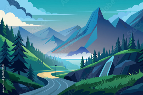 Misty Mountain Pass Landscape with nature background illustration in cartoon style
