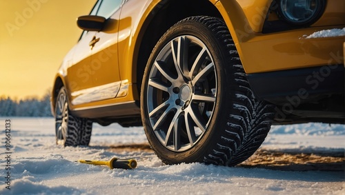 Car tires, wheels isolated on yellow background and screwdriver © SHERAZI