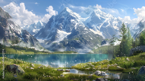 A beautiful mountain landscape with a lake in the foreground. The mountains are covered in snow and the lake is calm and clear. The scene is peaceful and serene  with the mountains