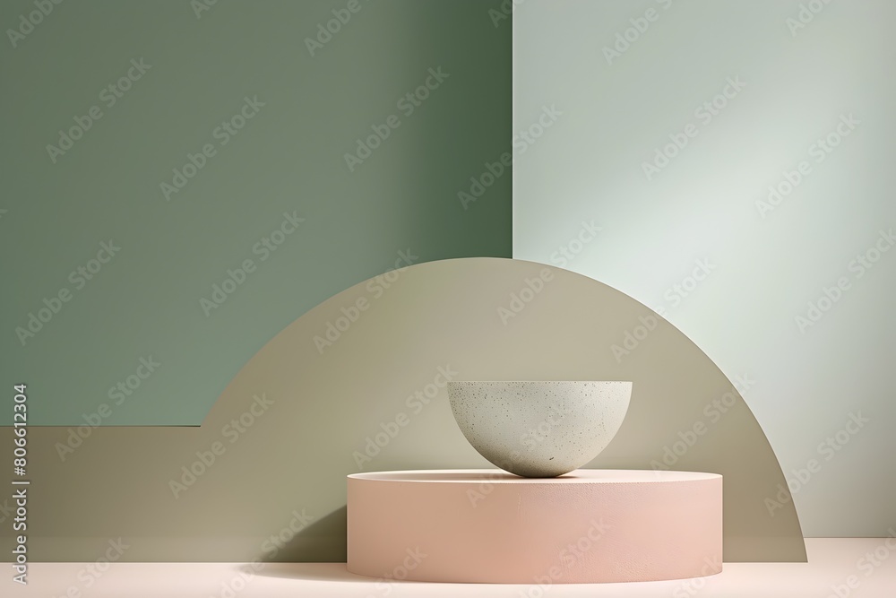 The central object becomes the focal point of the minimalist 3D abstract background with muted tones of sage green taupe and dusty rose The central object becomes the focal point of the minimalist 3D abstract background with muted tones of sage green taupe and dusty rose