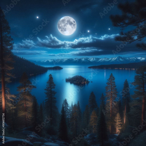 Wallpaper Mural Moonlit Night Over Tranquil Lake with Silhouetted Island and Trees Torontodigital.ca