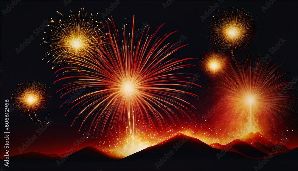 Vibrant Fireworks Display Over Dark Mountain Silhouette Vibrant Fireworks Display Over Dark Mountain Silhouette