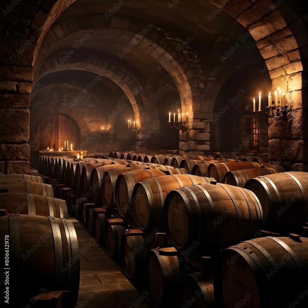 historic wine cellar with stone walls in a candlelight ambiance