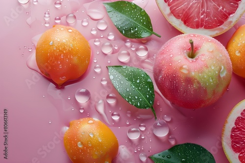 Minimalist banner template with water dew droplets and fruits