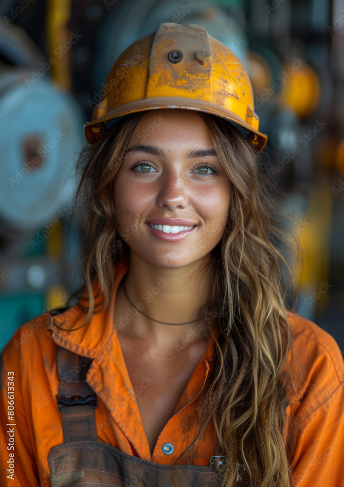 Portrait of successful female factory worker, technician. Blue-collar worker, employee. Success, goals, achievement, team. Portrait of successful female factory worker, technician. Blue-collar worker, employee. Success, goals, achievement, team.