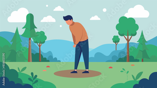 A man standing in a secluded corner of the park practicing grounding exercises and feeling the earth beneath his feet.. Vector illustration