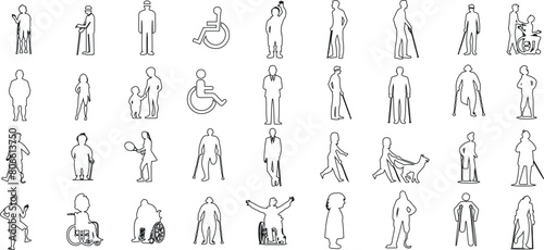 Disability, diverse abilities vector illustration set. Icons include people with disabilities in various activities. Perfect for inclusive design, accessibility services, awareness campaigns