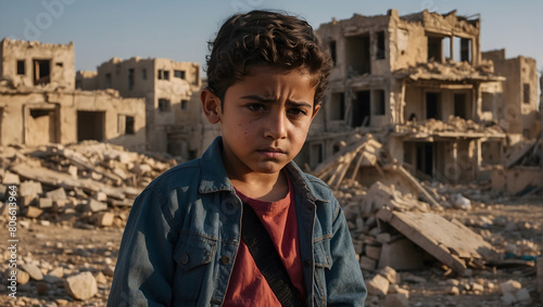 A child feel sad in front of ruined buildings in the background photo