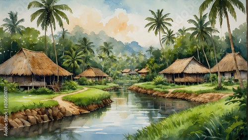 Tranquil village life surrounded by greenery and a winding river.