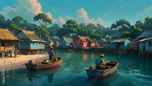The ambiance within the fishing village is bustling, with fishermen on their boat and traditional village house.